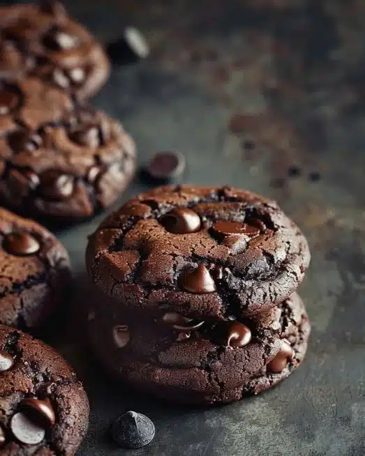 Double chocolate chip cookies stacked, showcasing rich chocolate and classic cookie texture.