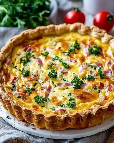 Delicious easy breakfast quiche served on a plate with fresh herbs.