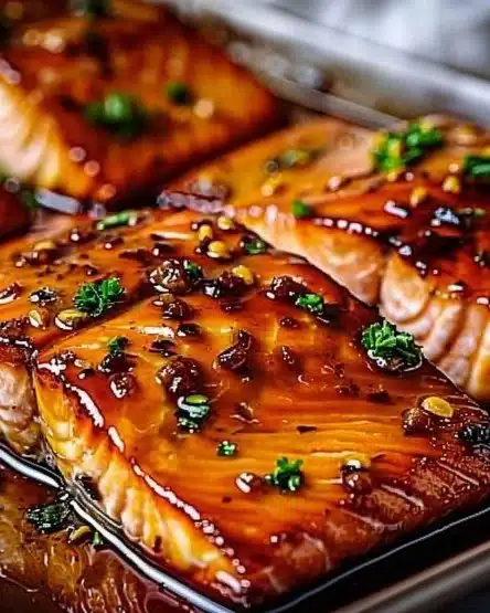 Crispy honey garlic glazed salmon fillet served on a plate with greens.