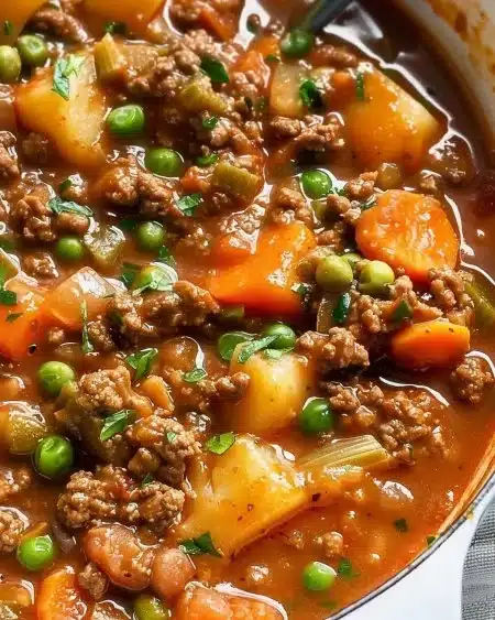 Delicious bowl of easy ground beef stew garnished with vegetables
