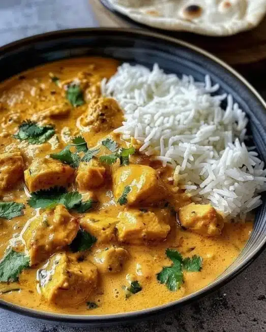 Delicious easy homemade chicken korma served in a bowl with rice