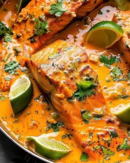 Bowl of easy salmon coconut curry with vegetables and rice