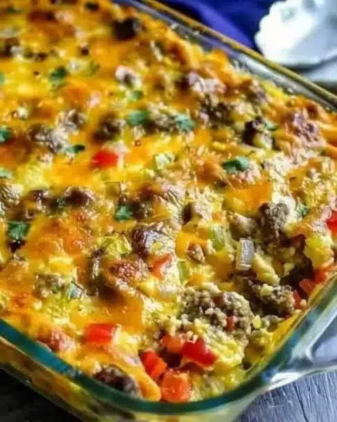 Fireman’s overnight breakfast casserole recipe with eggs, sausage, and cheese