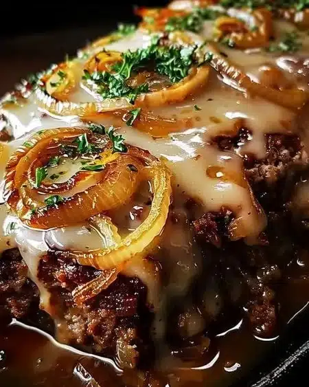 Delicious French Onion Meatloaf served with gravy and caramelized onions
