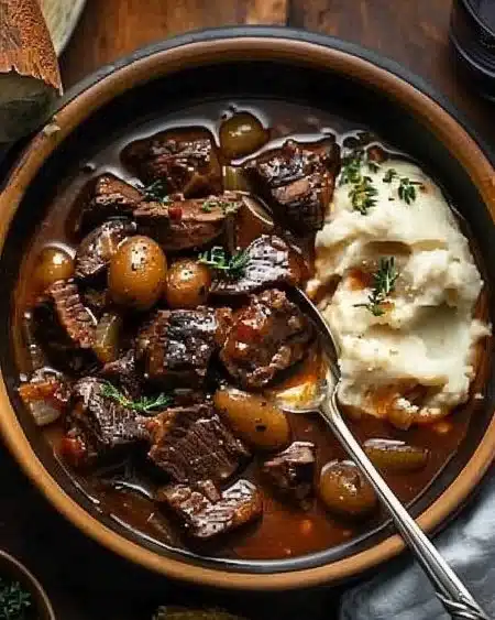 Bowl of delicious French-style beef stew with hearty vegetables