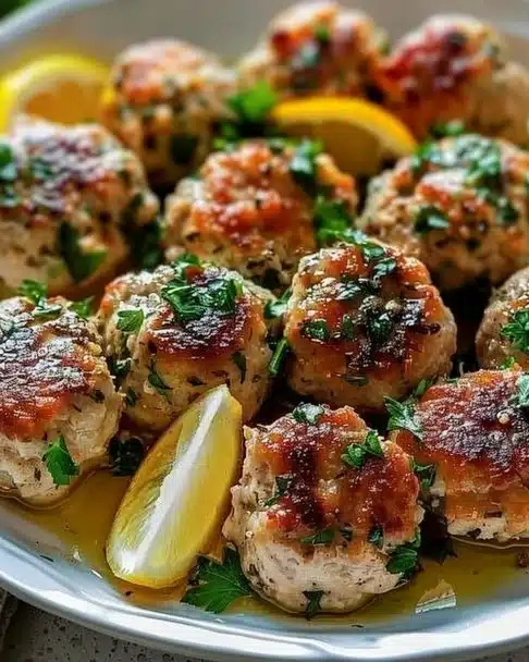 Delicious Greek Turkey Meatballs garnished with herbs and served with tzatziki sauce
