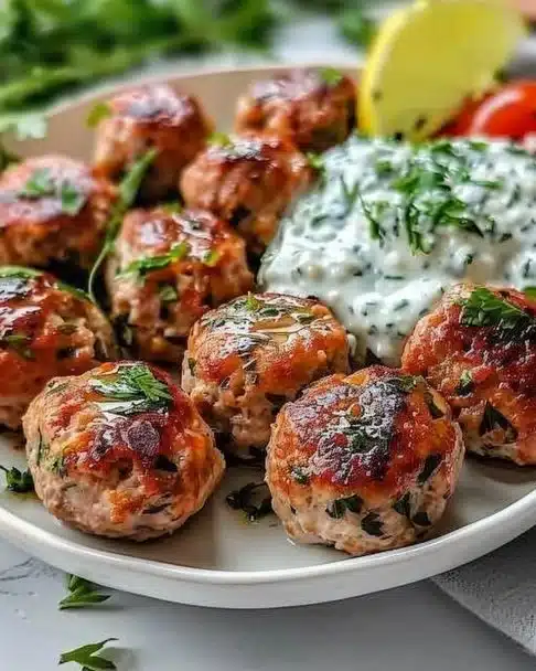 Greek Turkey Meatballs served with Tzatziki sauce in a plated dish