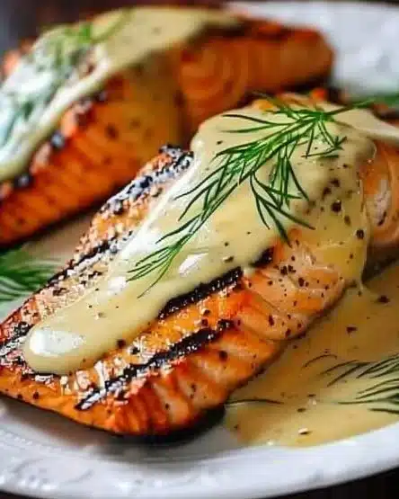 Grilled salmon fillet drizzled with Dijon mustard sauce on a plate