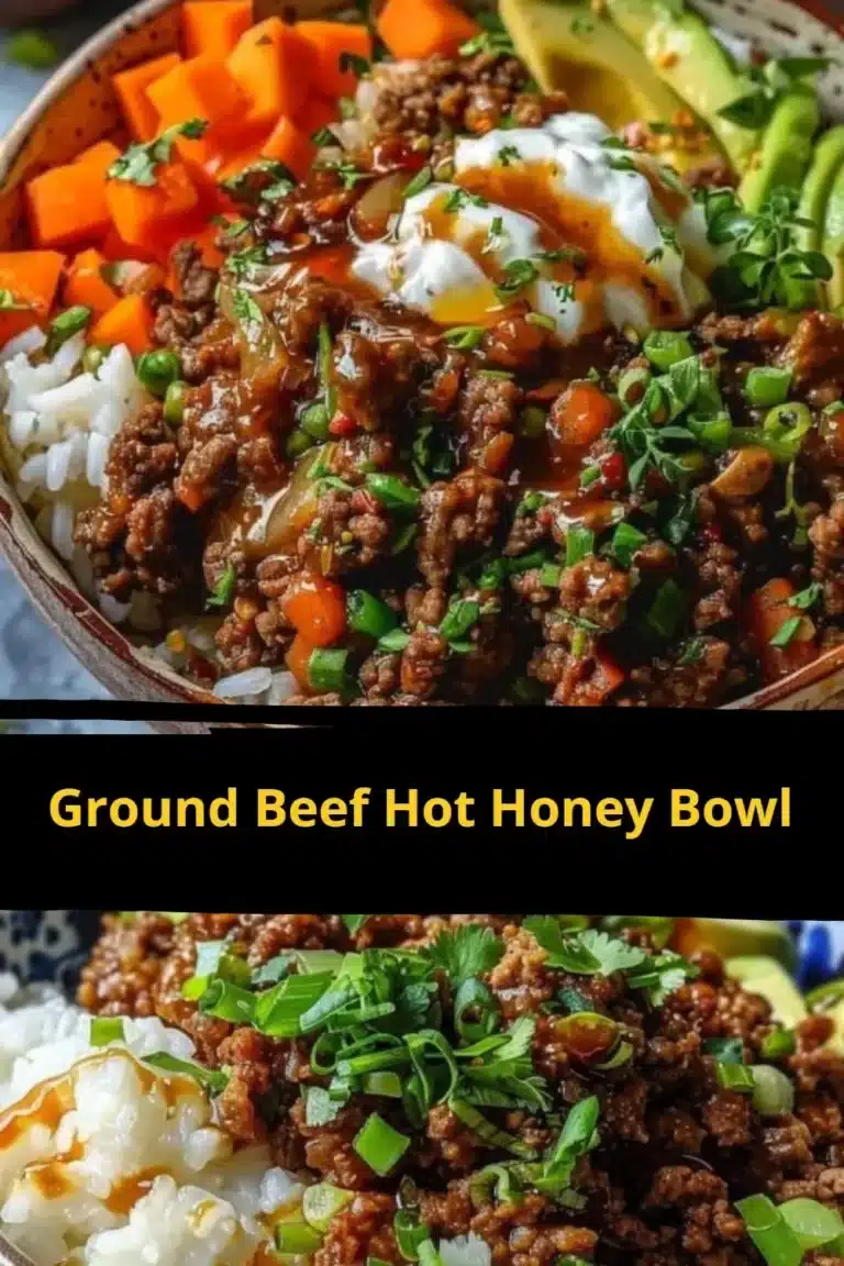 Delicious Ground Beef Hot Honey Bowl topped with fresh ingredients and spices