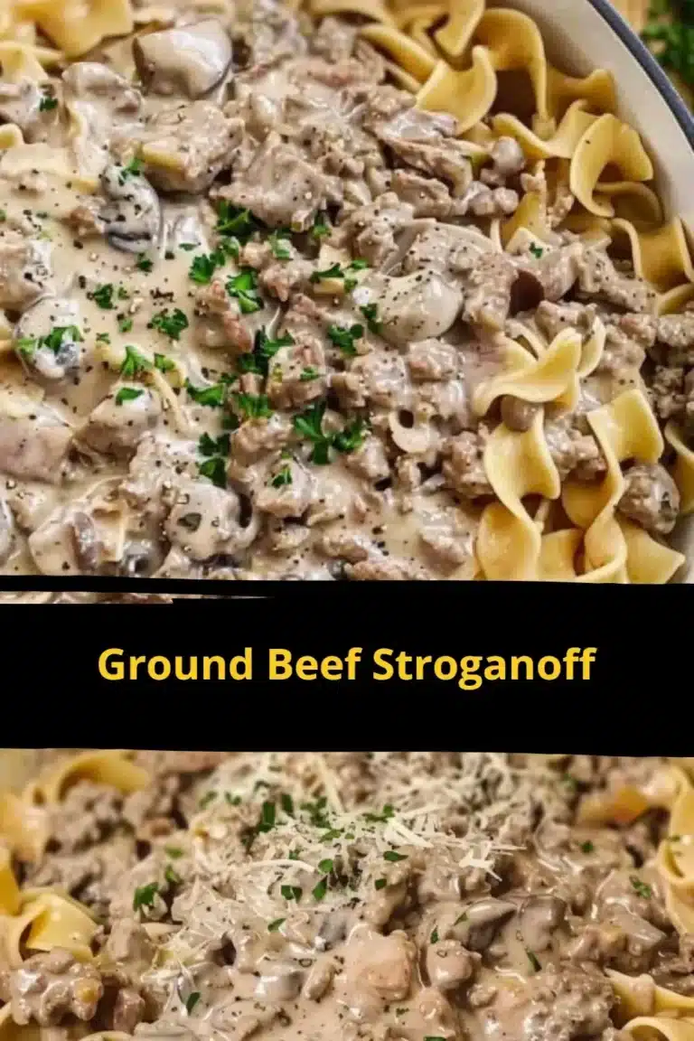 Creamy Ground Beef Stroganoff served in a bowl with pasta and garnish