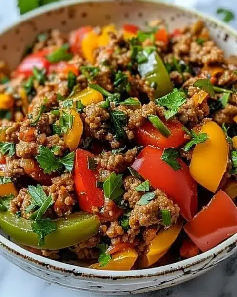 Ground turkey stir-fry with colorful bell peppers in a skillet