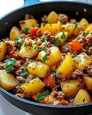 Ground Turkey and Potato Skillet cooking in a pan.