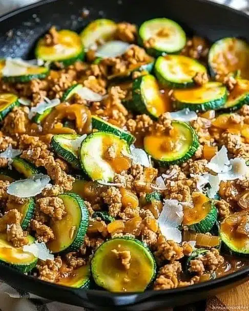 Delicious ground turkey and zucchini skillet served in a frying pan