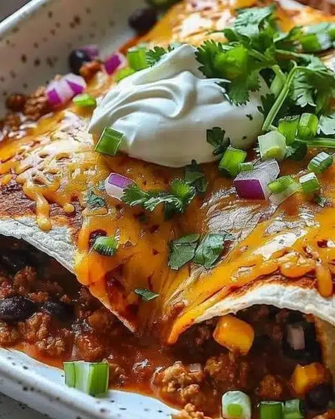 Ground turkey black bean enchiladas garnished with fresh cilantro