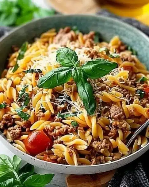 Delicious ground turkey orzo dish served in a bowl