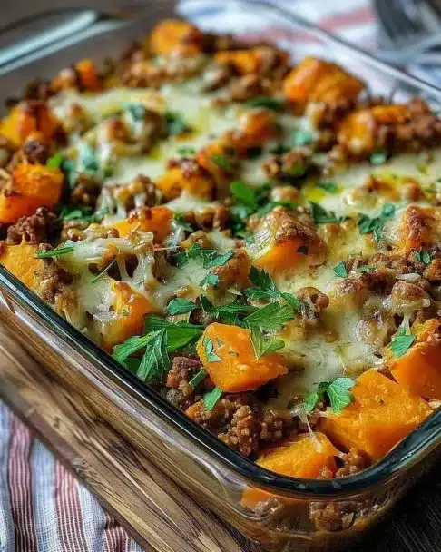 Ground Turkey Sweet Potato Bake topped with savory spices and herbs