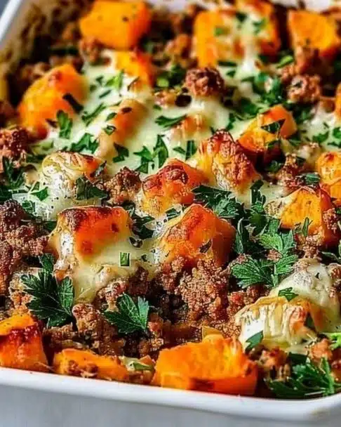 Baked ground turkey with sweet potatoes in a casserole dish