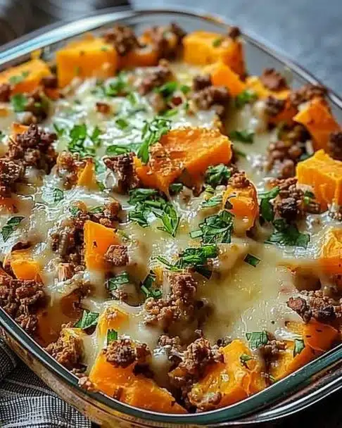 Ground Turkey Sweet Potato Casserole topped with spices and herbs
