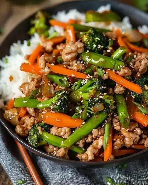 Ground Turkey Teriyaki Stir Fry served in a bowl with colorful vegetables