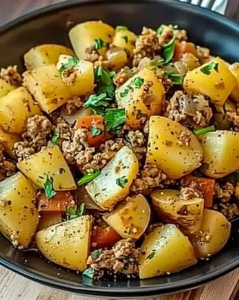 Ground turkey stir-fry with tender potatoes and fresh herbs