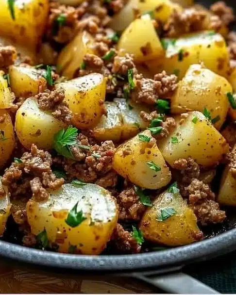 Ground Turkey with Potatoes Skillet topped with herbs in a cast iron pan