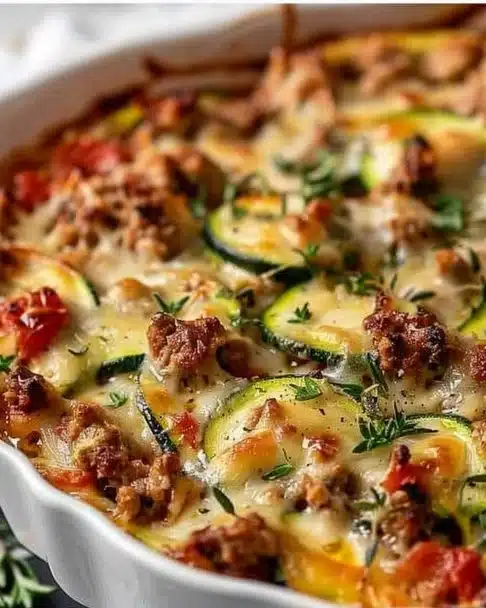 Ground Turkey Zucchini Casserole served in a baking dish with fresh herbs