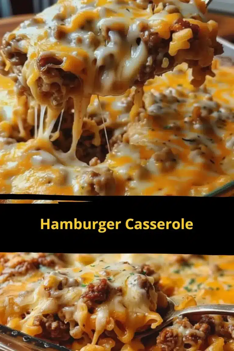 Delicious hamburger casserole topped with cheese and baked to perfection.
