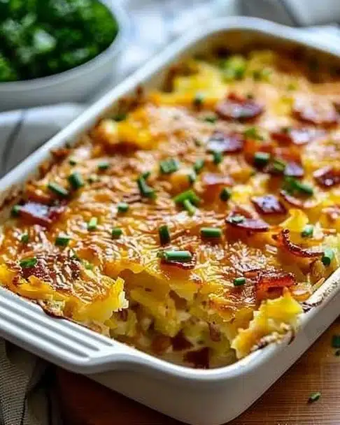 Delicious hashbrown breakfast casserole served in a baking dish