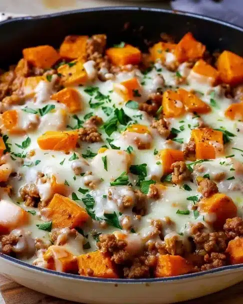 Healthy ground turkey sweet potato skillet dish garnished with herbs