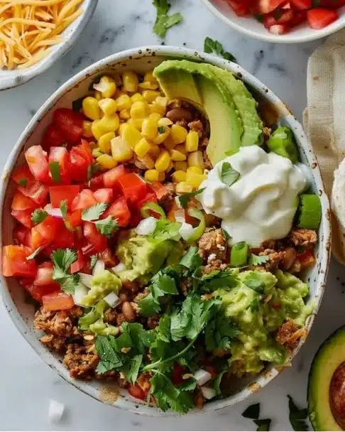Healthy Turkey Taco Bowl with fresh ingredients and toppings