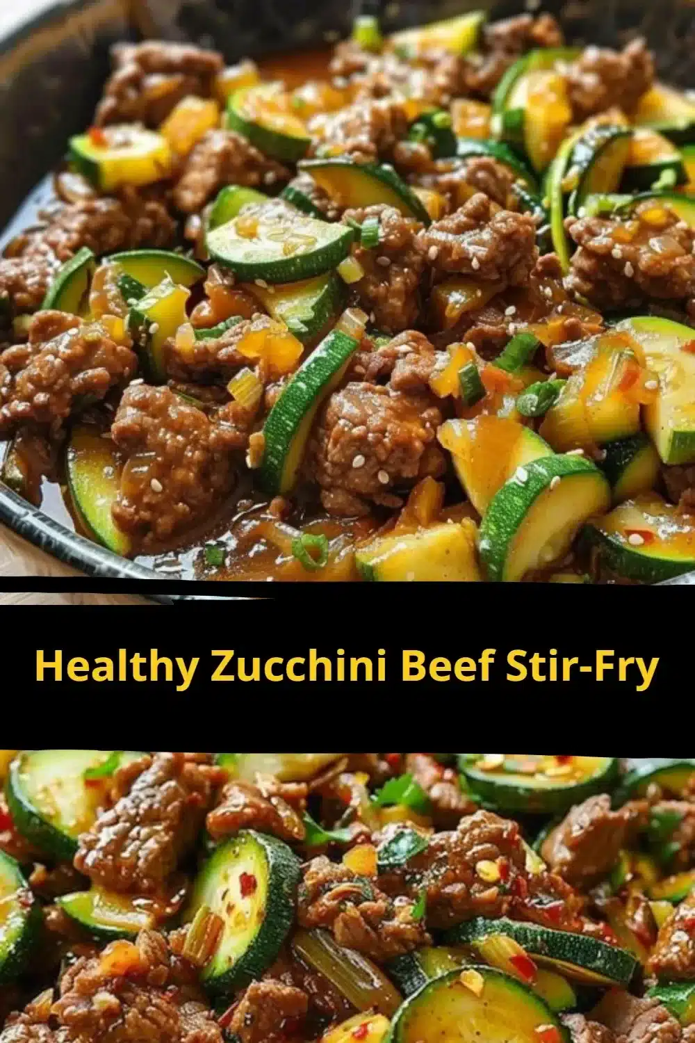 Healthy zucchini beef stir-fry with colorful vegetables in a skillet