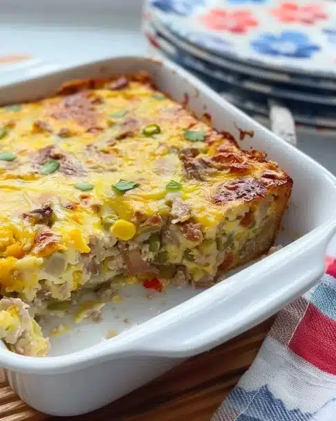 Delicious hearty breakfast casserole with eggs, cheese, and vegetables