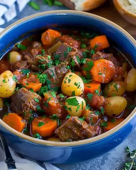 Hearty Irish stew with tender meat and vegetables in a comforting broth
