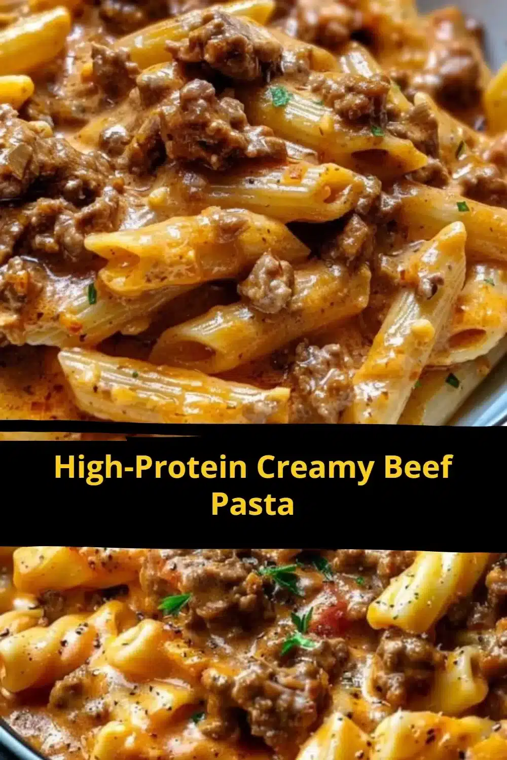 High-protein creamy beef pasta dish served in a bowl with herbs on top.