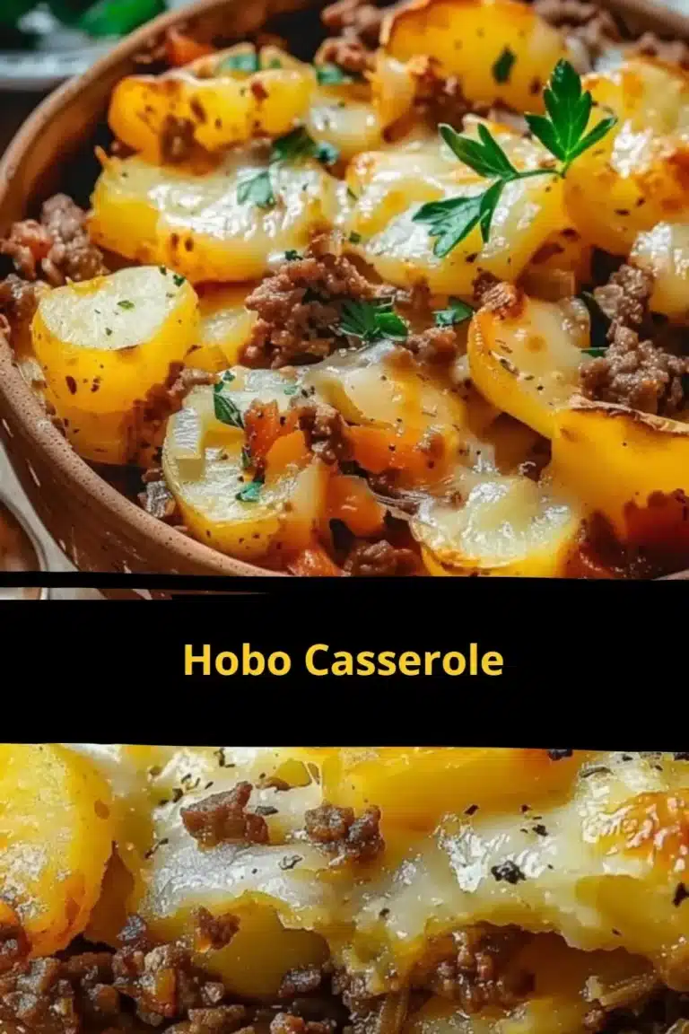 Delicious Hobo Casserole served in a pan, filled with meat and vegetables.