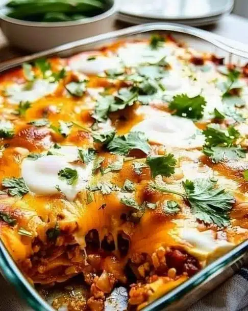 Huevos Rancheros breakfast casserole with eggs, salsa, and tortillas
