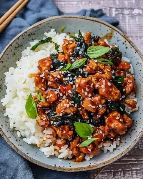Delicious Korean-style ground turkey served with vegetables and rice