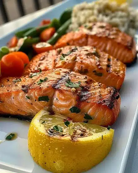 Lemon Grilled Salmon garnished with lemon slices and herbs on a plate