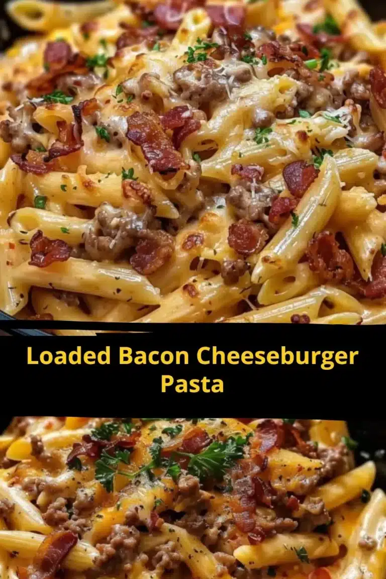 Loaded Bacon Cheeseburger Pasta served with cheese and bacon toppings.