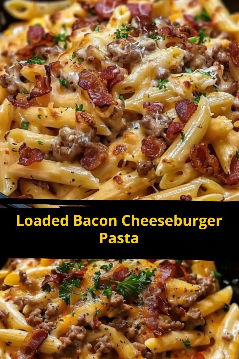 Loaded Bacon Cheeseburger Pasta served with cheese and bacon toppings.