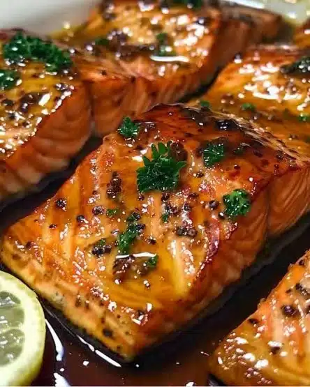 Maple Dijon Baked Salmon served with vegetables
