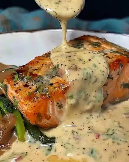 Delicious Marry Me Salmon with fresh herbs and lemon for a romantic dinner