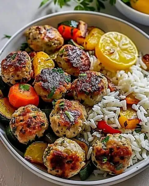Plate of meatballs served with roasted vegetables and rice