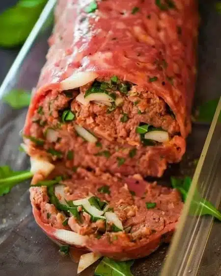 Delicious Meatloaf Brasciole filled with savory ingredients