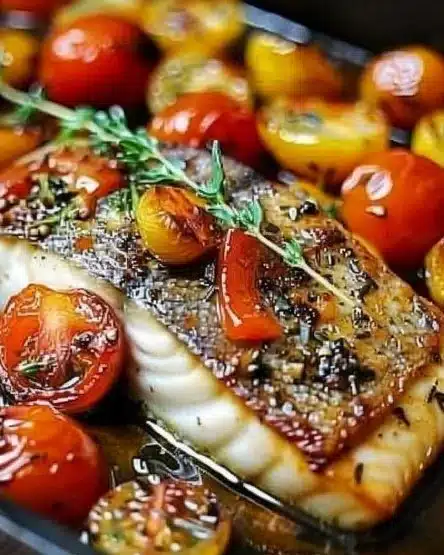 Mediterranean baked fish garnished with herbs and served on a plate