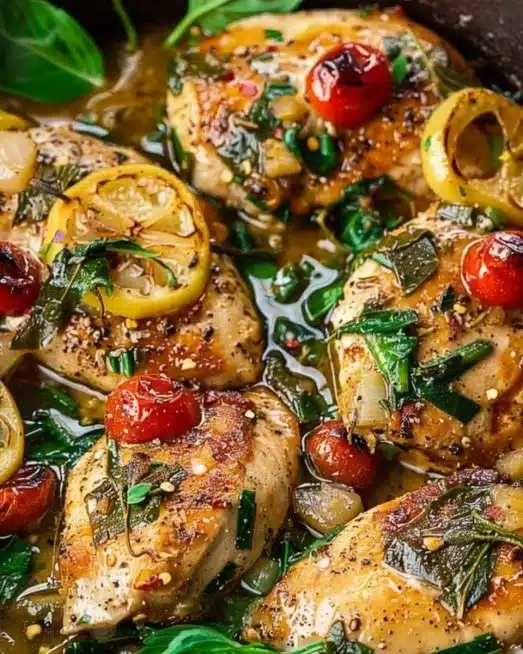Delicious Mediterranean Chicken served with fresh vegetables and herbs