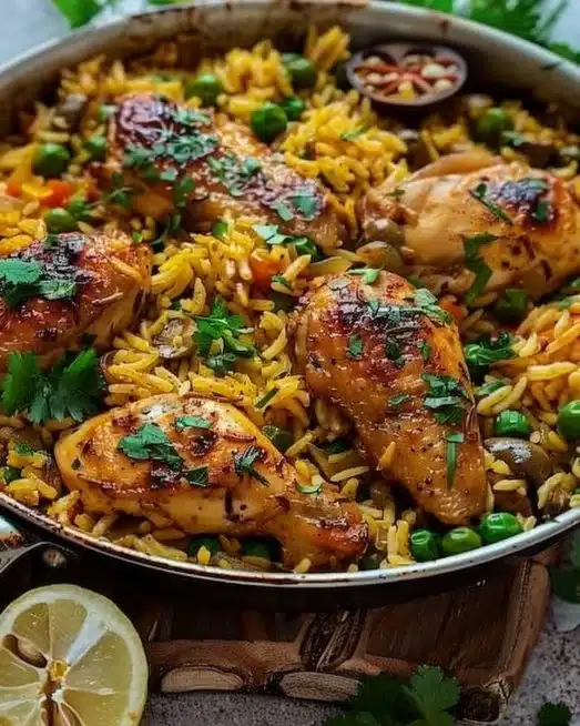 Delicious Mediterranean Chicken served with vibrant rice and fresh vegetables