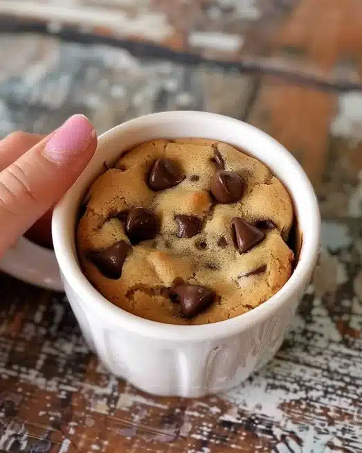 Delicious microwave chocolate chip mug cookie ready to eat