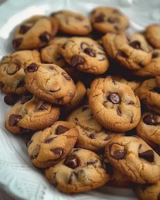 Batch of mini chocolate chip cookies on a cooling rack