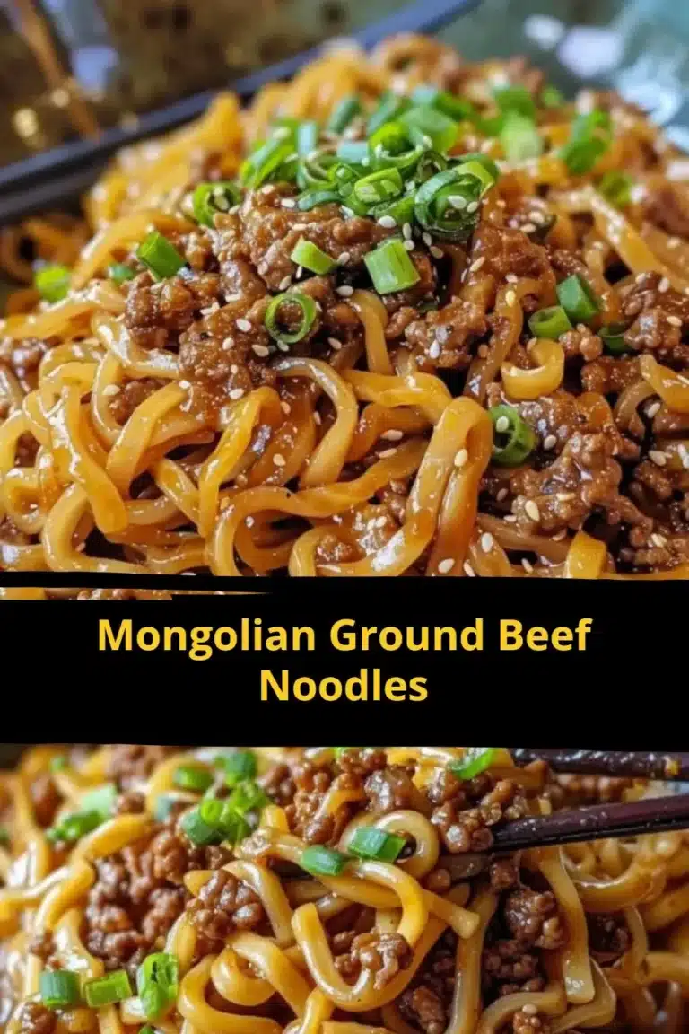 Mongolian Ground Beef Noodles dish garnished with vegetables